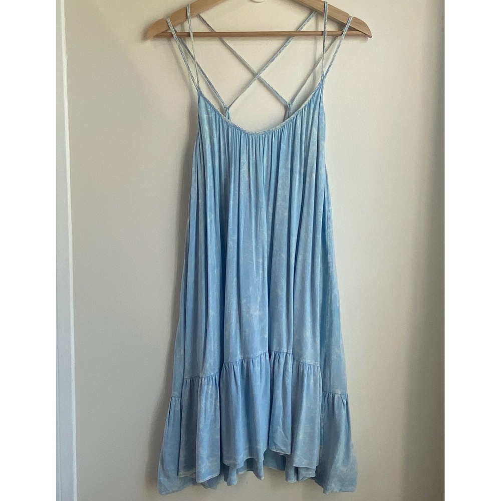 Basil Lola Dress Womens Medium Blue Print Strappy Ruffle Hem Boho Summer